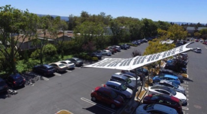 “Solar Sail” photovoltaic parking structure at Google’s Mountain View campus, Design/Build by Pvilion with Shelter-Rite fabric. Completed in March, 2015. 