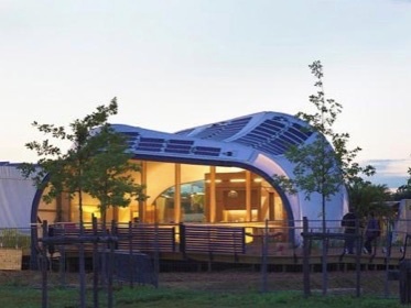 Techstyle Haus, a Solar Decathlon project house featuring a photovoltaic fabric roof, designed and manufactured by Pvilion with Shelter-Rite fabric. Completed June, 2014.
